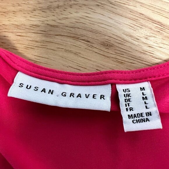Susan Graver Womens Blouse Fuchsia Cap Sleeve Flutter V Neck Stretch Lace Trim M - Picture 10 of 10